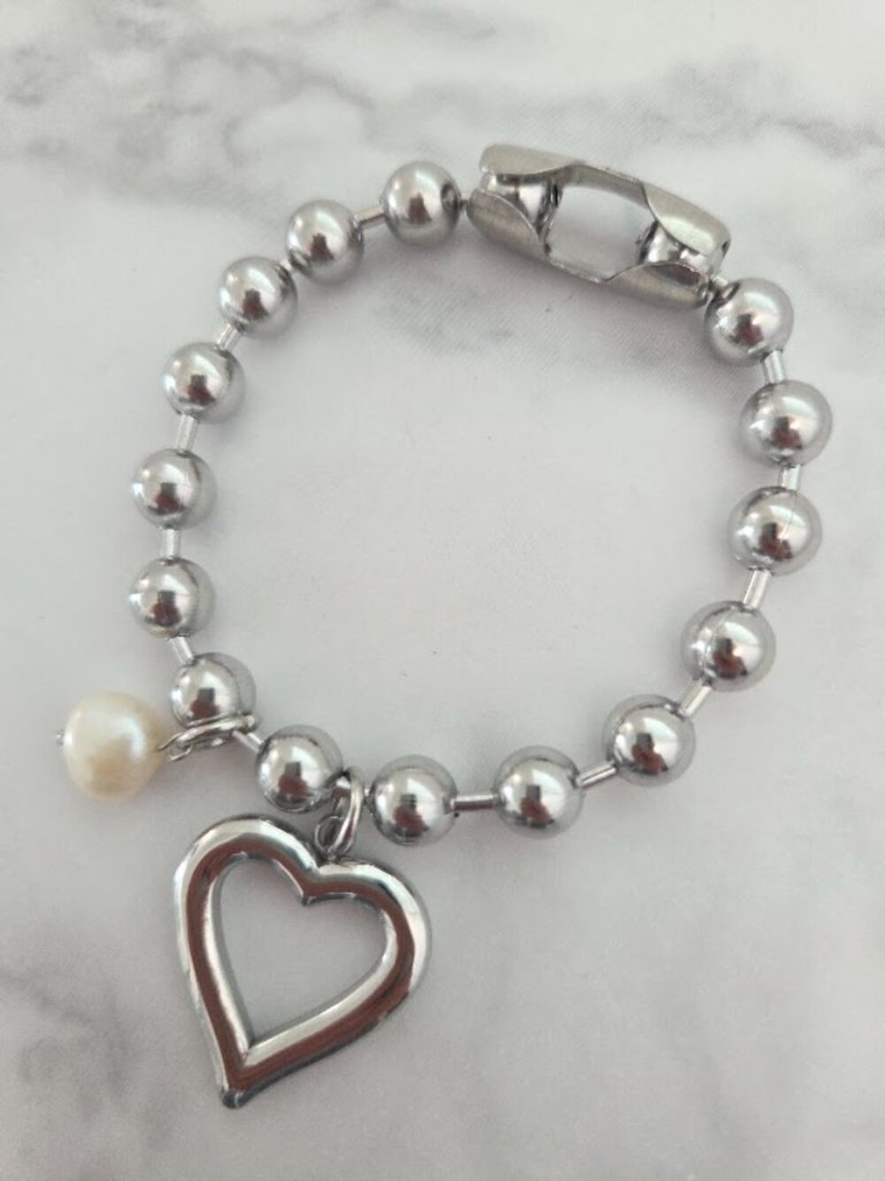 Silver Heart Charm Beaded Bracelet Pearl Accent Stainless Steel Jewelry Trendy